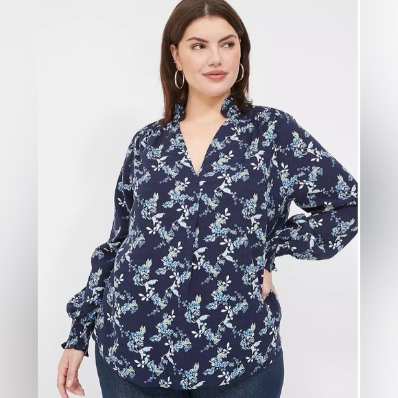 Lane Bryant Smocked Shoulder & Cuff Popover Blouse - Picture 2 of 14